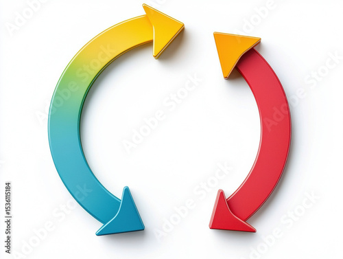 Two colorful curved arrows form a circular loop, symbolizing continuous movement or cycle on a white background.