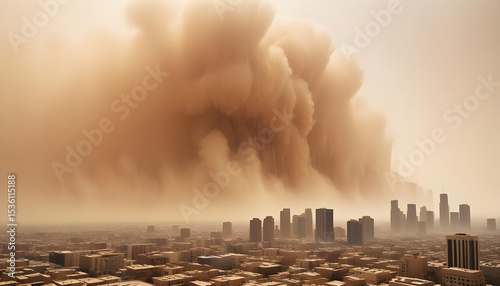 A massive sandstorm looms over a modern city skyline, creating a dramatic and ominous natural phenomenon.