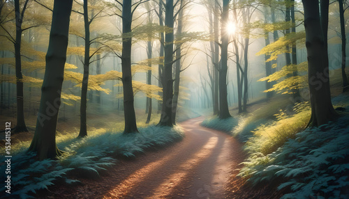 A sun-drenched forest path winding through tall trees with golden autumn leaves, illuminated by a misty glow. Evokes tranquility.
