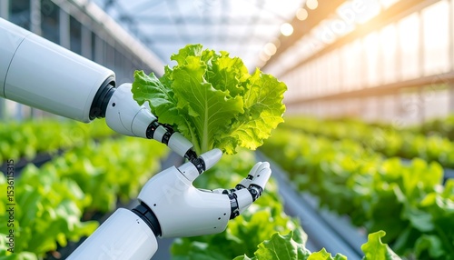 Robotic arm harvests lettuce in a greenhouse