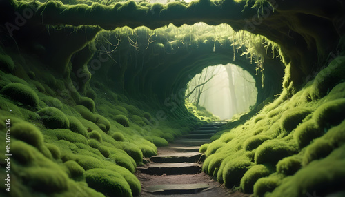 A magical, moss-covered tunnel with stone steps leading towards a bright, ethereal light at its end. Evokes fantasy and wonder.
