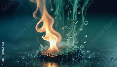 A captivating abstract image showing a bright, orange flame rising amidst splashing water droplets and green mist. Demonstrates unusual chemical reaction.