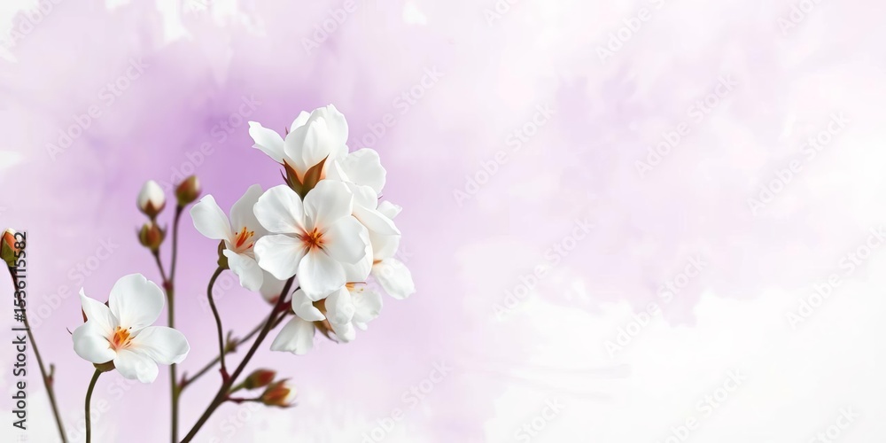 Obraz premium Delicate cotton blossoms against a soft purple and white watercolor wash, subtle, wallpaper