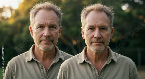 Double Portrait of a Mature Man in a Relaxed Outdoor Setting
