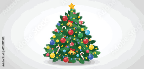 Decorated Christmas Tree with Ornaments Lights and Candy Canes