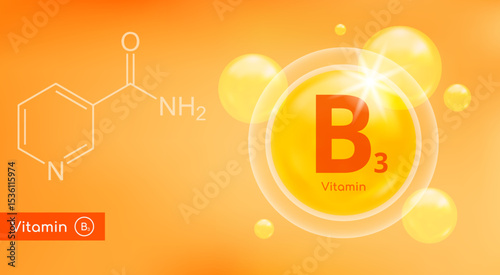 Illustration of realistic vitamin B3 structure with chemical formula on yellow golden background