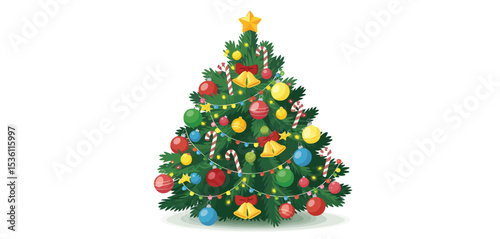 Decorated Christmas Tree with Ornaments Lights and Candy Canes