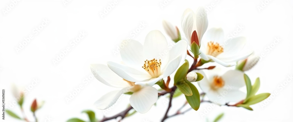Obraz premium Delicate white magnolia blossoms, soft petals, pure white background, beauty, still life