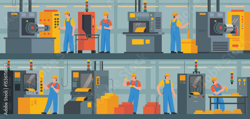 Industrial Factory Workers Operating Modern Machinery