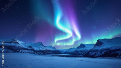 Wallpaper Mural A vibrant aurora borealis dances above snowy mountains under a starry night sky landscape scene Torontodigital.ca