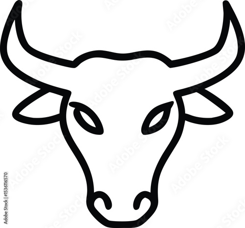 Simple black line shows an isolated head of bull with pointy horns facing forward