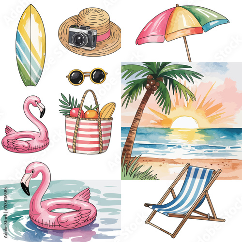 Summer Vacation Essentials Beach Scene with Flamingo Floaties and Accessories