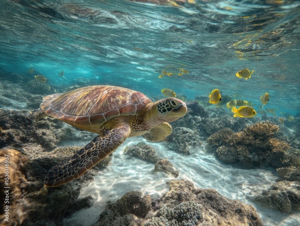Fototapeta premium Sea Turtle Swimming Underwater With Yellow Fish, Representing Marine Conservation and Ocean Exploration for Travel and Tourism : Generative AI