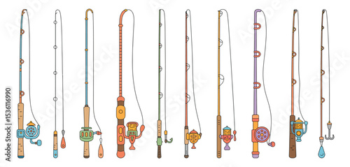 Collection of Colorful Fishing Rods and Reels Illustration