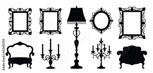 Elegant Black Silhouettes of Antique Furniture and Frames