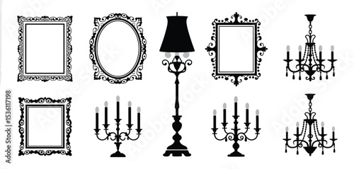 Elegant Ornate Frames Mirrors Chandeliers and Candelabra Set