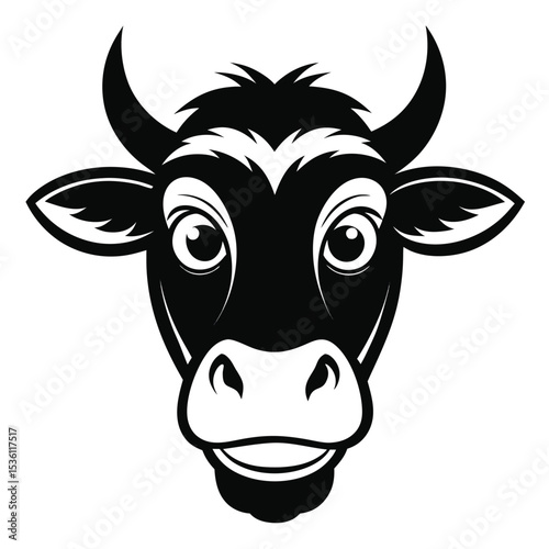 A stylized, black and white illustration shows a smiling cow face with visible horns