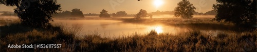 Golden Sunrise Over Misty Lake With Tall Grass, Evoking Tranquility and Natural Beauty for Travel and Wellness Content : Generative AI
