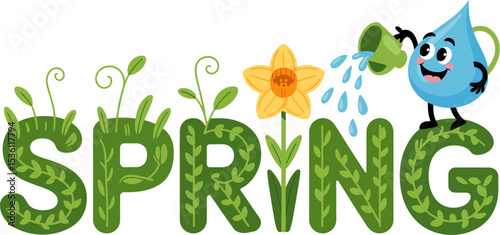 Spring floral vector illustration with water drop character and daffodil flower design element 100 editable stock vector illustration