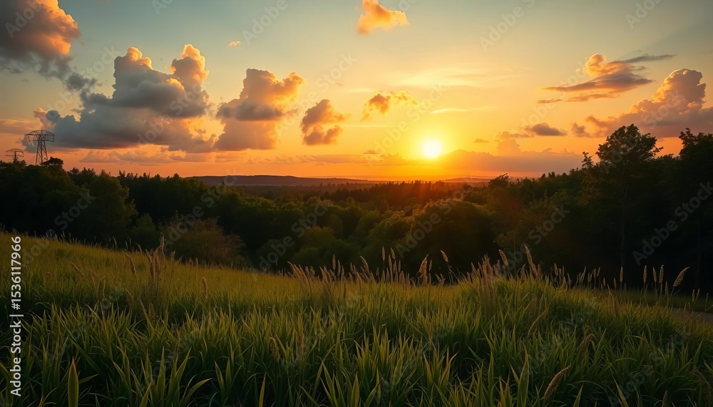 Fototapeta premium Golden sunset paints vibrant green grass and lush forest, fluffy clouds drift above, environment, color