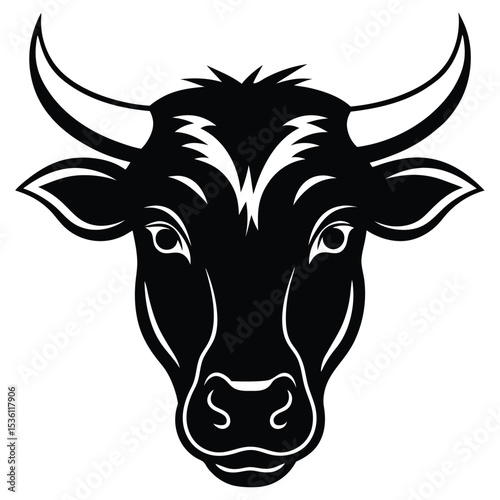 A stylized bull head with bold horns stares out intensely in monochrome