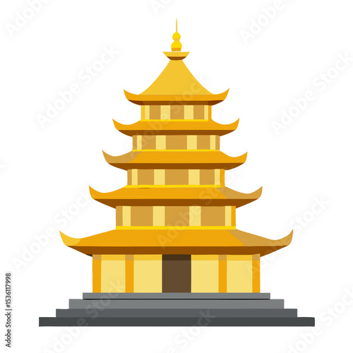 a traditional Asian pagoda with five golden tiers, curved rooflines, and a spire on top, sitting on a gray stone base platform.