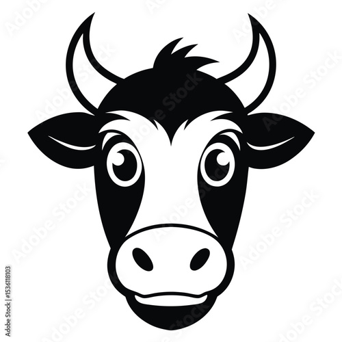 Black and white line drawing reveals a cute cow face with rounded horns
