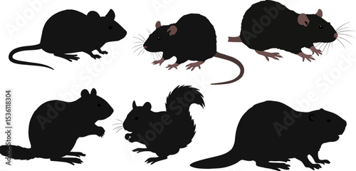 Vector illustration of rodents including mice rats squirrels and beavers in black silhouette style design editable stock vector illustration