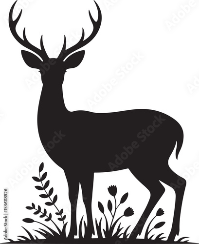 Graphic black silhouettes of wild deers – male, female and  roe deer