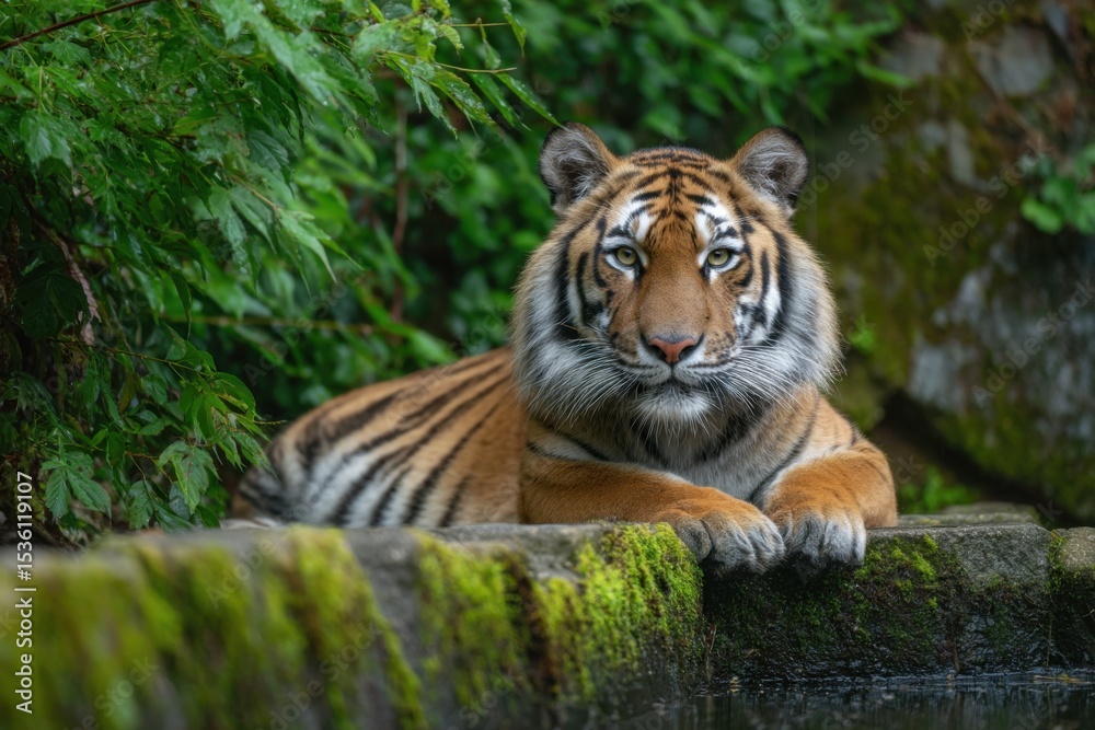 Fototapeta premium Bengal Tiger Resting Near Water Amongst Lush Greenery, Symbolizing Wildlife Conservation and Environmental Awareness : Generative AI