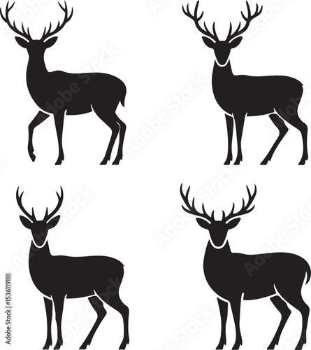Graphic black silhouettes of wild deers – male, female and  roe deer