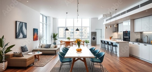 Modern minimalist coliving lounge with dining area and communal kitchen,  hostel,  airy