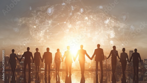 Silhouetted Business Team Holding Hands Against Cityscape With Global Network Overlay, Symbolizing Unity and International Partnership for Corporate Strategy : Generative AI