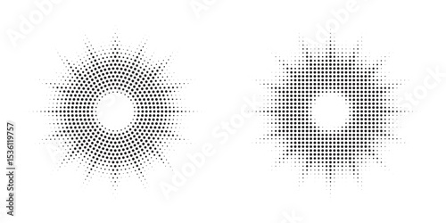 Halftone circle frame background set. Round border Icon using halftone random circle. Grunge circular stain. Vector illustration.	