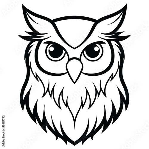 Black and white outline of a majestic owl presents an artistic, stylized appearance