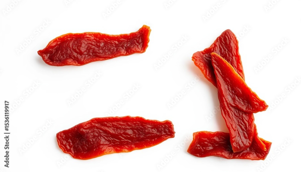 Fototapeta premium Neatly stacked slices of beef jerky on white background, slices, food