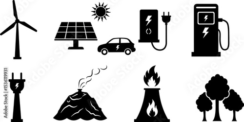Energy sources renewable and nonrenewable power generation methods eco friendly and fossil fuels illustration editable stock vector illustration