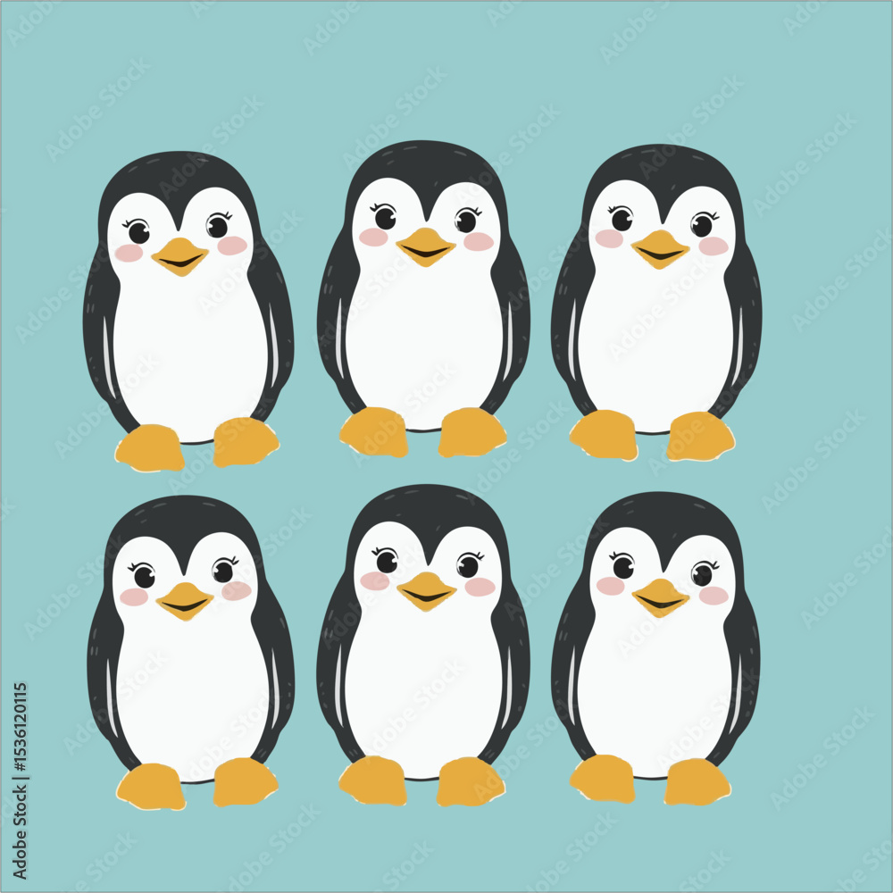 Naklejka premium Cute hand drawn penguins set vector
