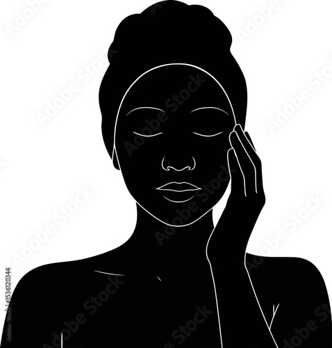 Woman skincare routine illustration for beauty and wellness blog with black and white aesthetic design editable stock vector illustration
