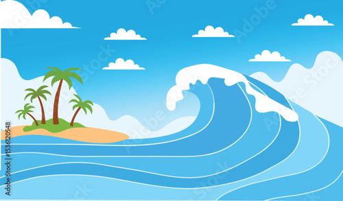 Ocean wave background. Abstract storm sea waves near island. Tropical surf, oceanic water and sky on poster. Decorative voyages flyer. Surfer beach with palm trees. Vector illustration. Aqua surface