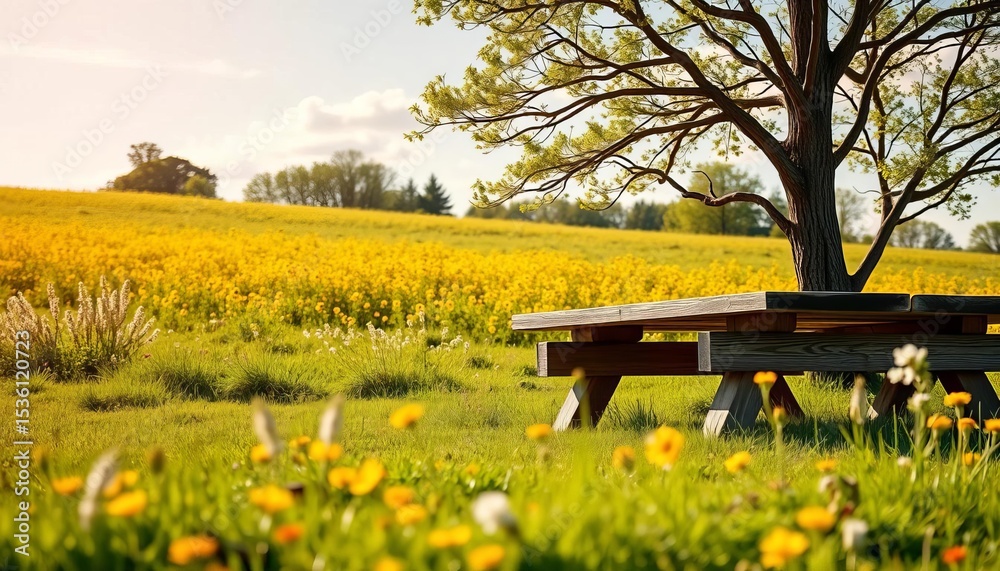 Naklejka premium Rustic picnic table in sunny summer meadow, ample copy space, rustic, nature background