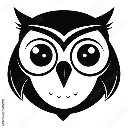 A bold monochrome owl face looks forward with its distinctive pointed ears and curious eyes