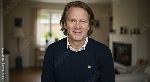 Portrait of a smiling man in his home, showcasing a calm and friendly atmosphere.