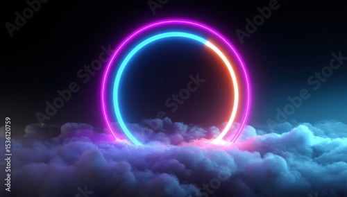 Glowing Neon Circle Above Clouds, Representing Innovation, Technology, and Digital Transformation : Generative AI