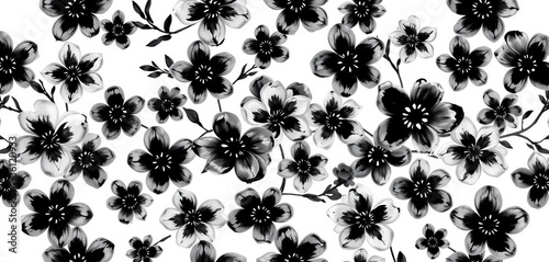 Seamless watercolor floral pattern; black & white blossoms on white background,  blossom,  design