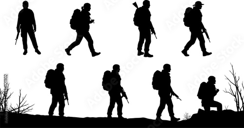 Silhouette soldiers armed walking vector illustration army military troops patrol combat 100 character editable stock vector illustration