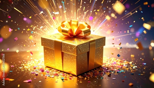 Golden gift box with celebratory fireworks