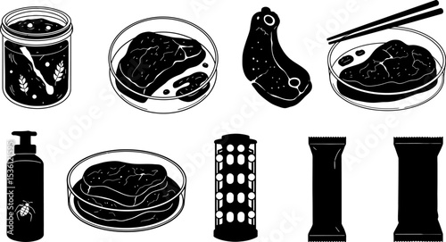 Black and white illustration of cultured meat petri dishes and food products for graphic design use editable stock vector illustration