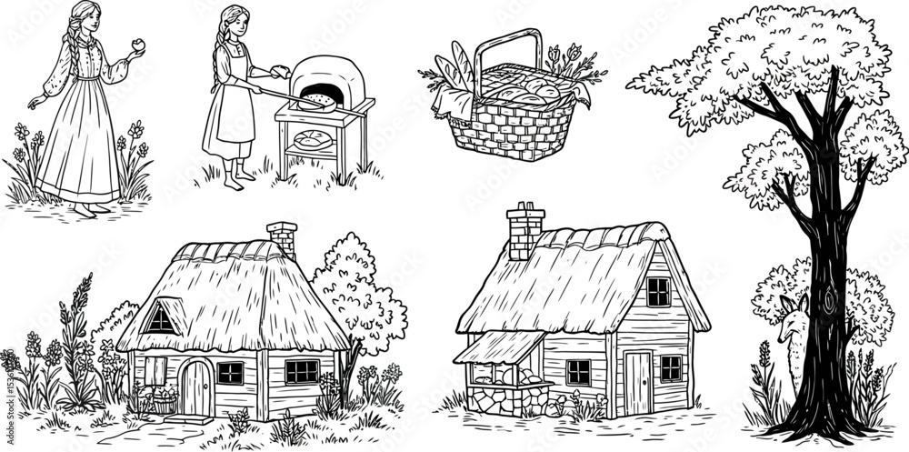 Detailed line art illustration of village life with houses baker woman and basket for coloring pages editable stock vector illustration