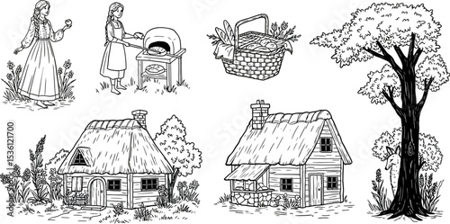 Detailed line art illustration of village life with houses baker woman and basket for coloring pages editable stock vector illustration
